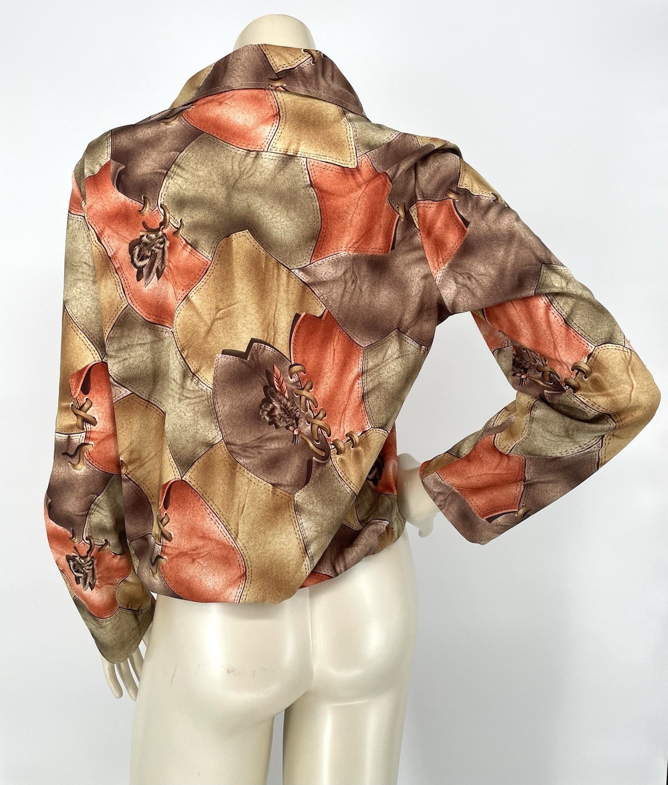 Vintage 1970s Whipstitch Leather Patchwork Feather Print Hippie Blouse Top Shirt