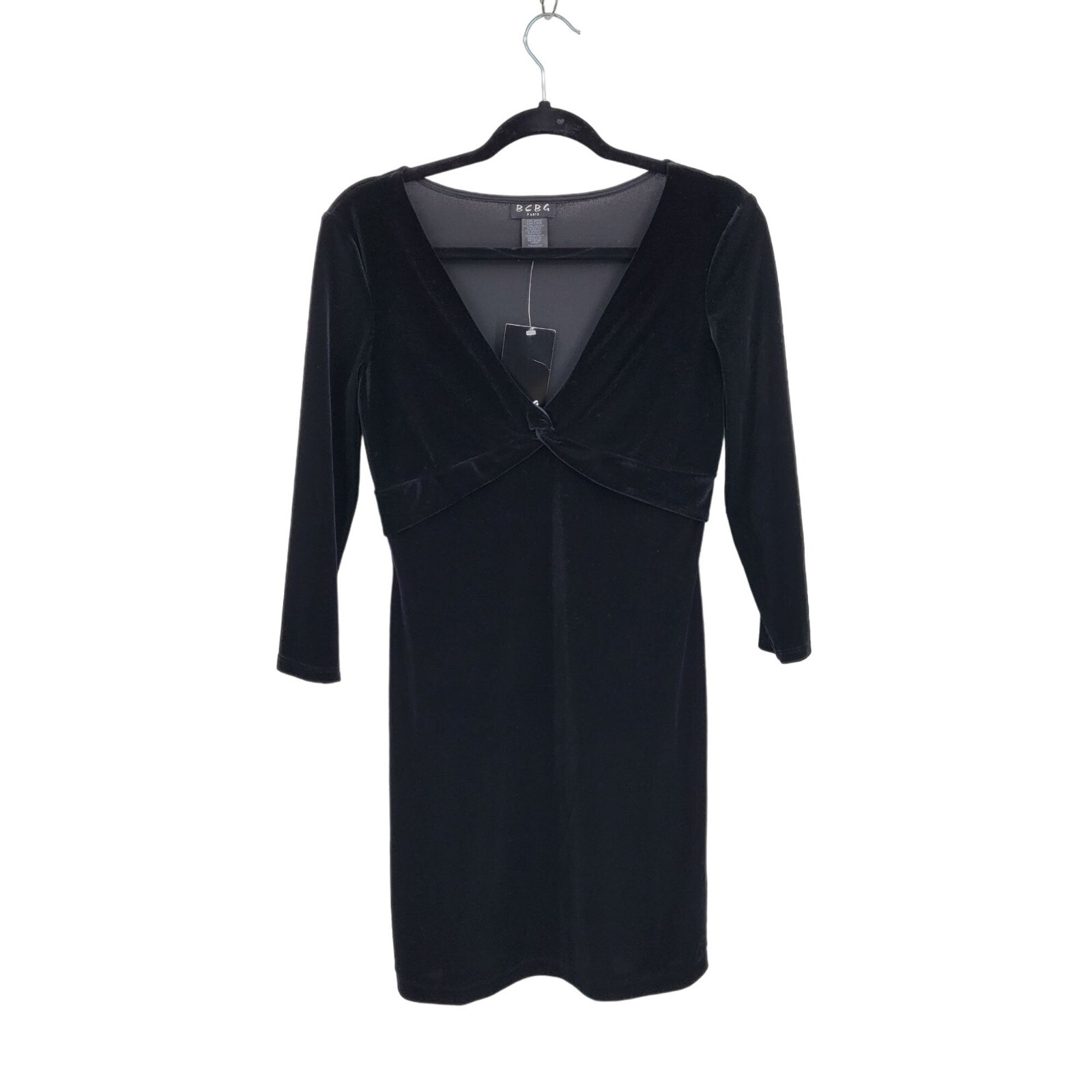 Vintage 80’s BCBG Paris Dress M Black Velour Knotted V-neck Stretch Mini Skater