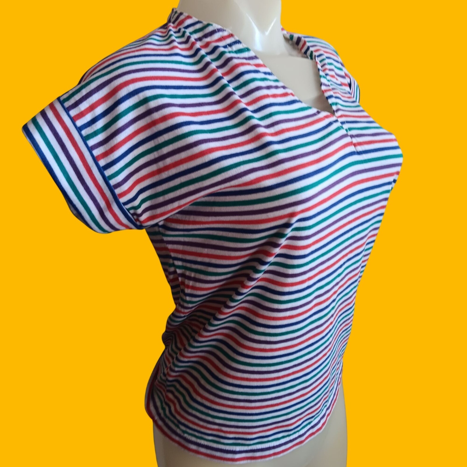 Women’s Large Vintage T-Shirt Casual Corner Striped V-Neck Top 1980s Altered