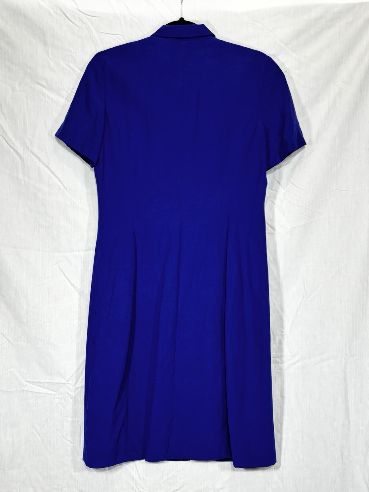 Vintage Blue Silk & Linen Tea Length Dress Size 6 80s Minimalist Short Sleeve