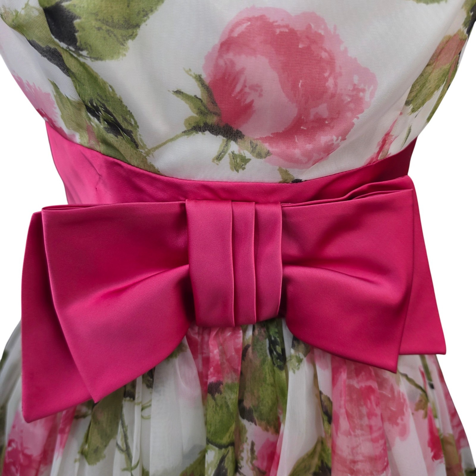Vtg 1950-60s Floral Cocktail Party Dress Pink Bow Fit Flare Womens Small Costume