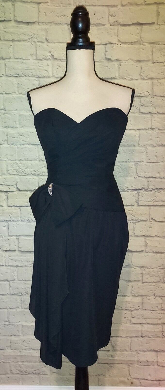 Vintage A.J. Bari Black Strapless Bow Rhinestone Embellished Cocktail Dress 5/6