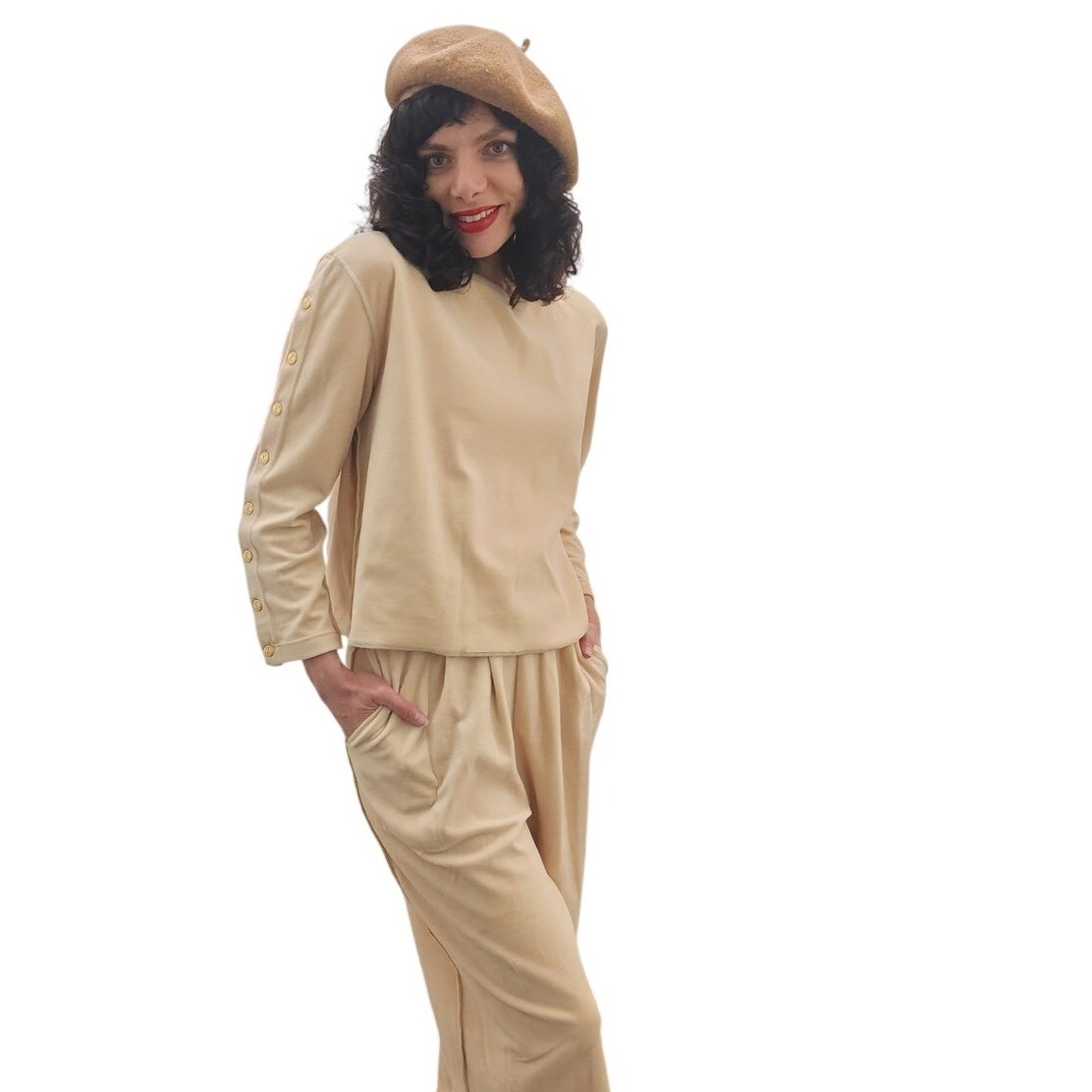 Vintage 1990s Sonia Rykiel Velour Track Suit Beige w/Gold Buttons
