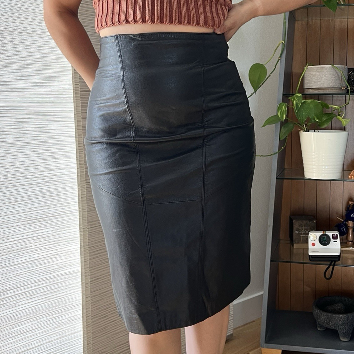 Vintage Pelle Cuir Black Genuine Leather Pencil Skirt High Waist Size 10 Midi