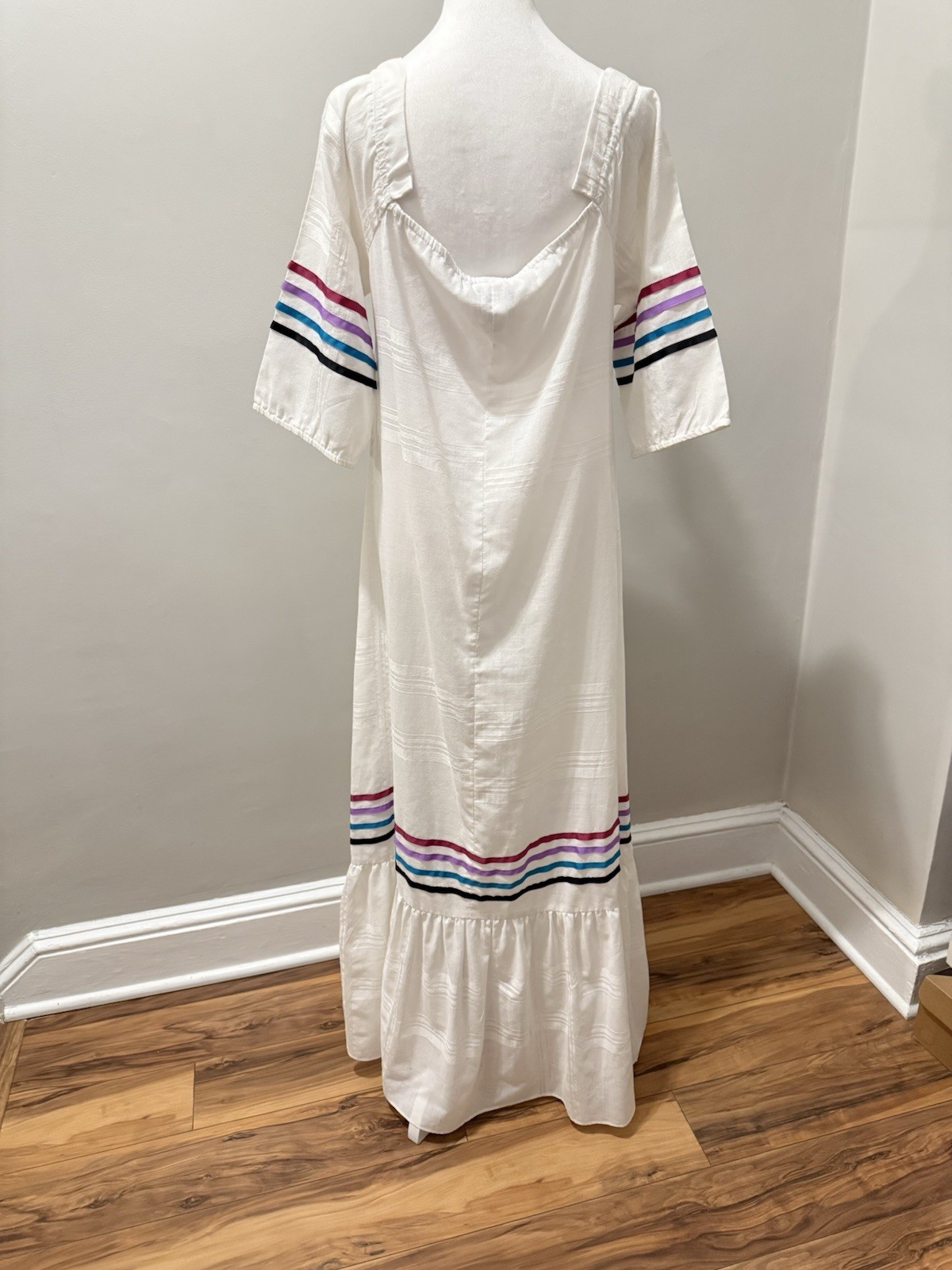 Vtg Liberty House Carol Bennett Kaftan Maxi Dress White Colorful Ribbon M READ