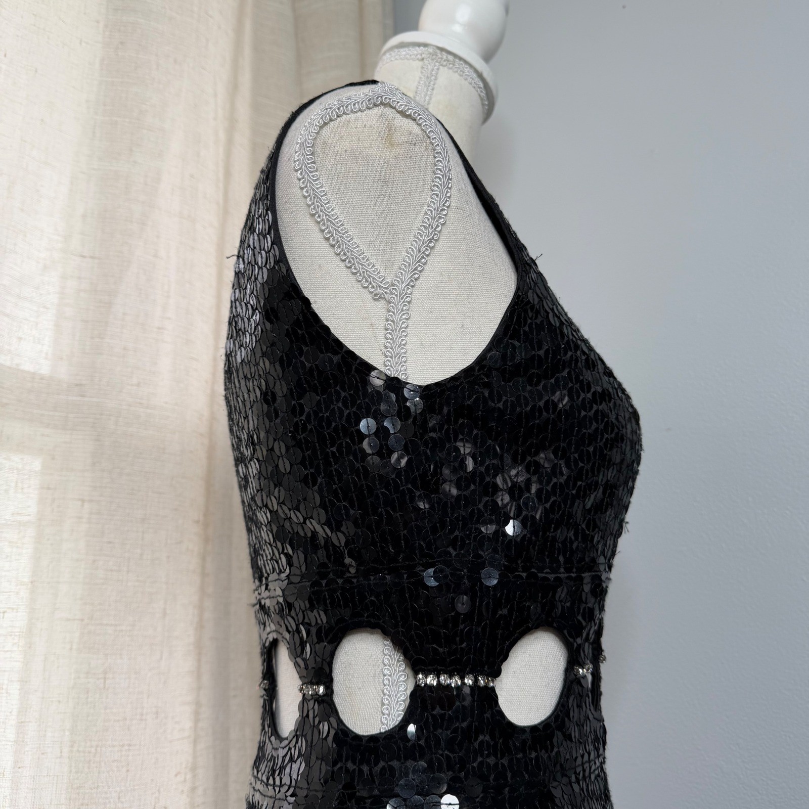 Vintage Niteline Della Roufogali Sequin Cutout Rhinestone Mini Dress Black 4