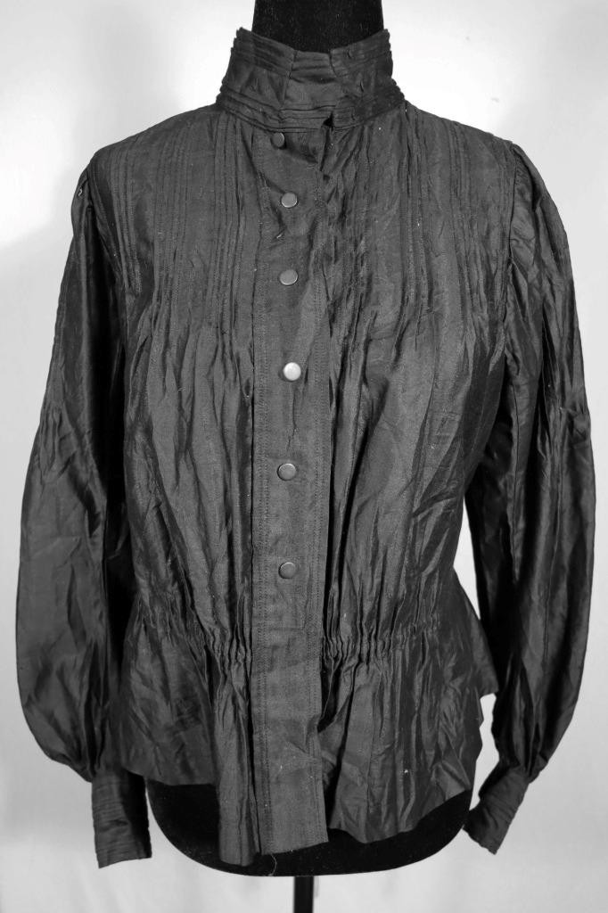 Antique Edwardian French Black Polished Cotton Pleated Blouse Size Small