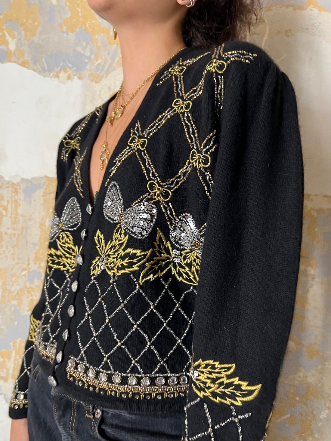 VTG 90s Cache Cardigan Beaded Sequin Embroidery Bows Gold Silver Festive Chic• L