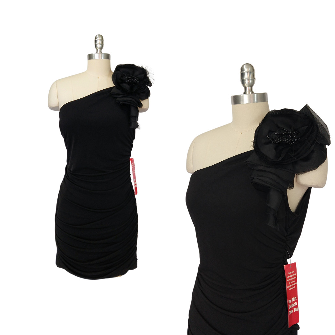 Vintage Y2K Black Mini Dress Size XL NWT One Shoulder Rosette Vamp Ruby Rox