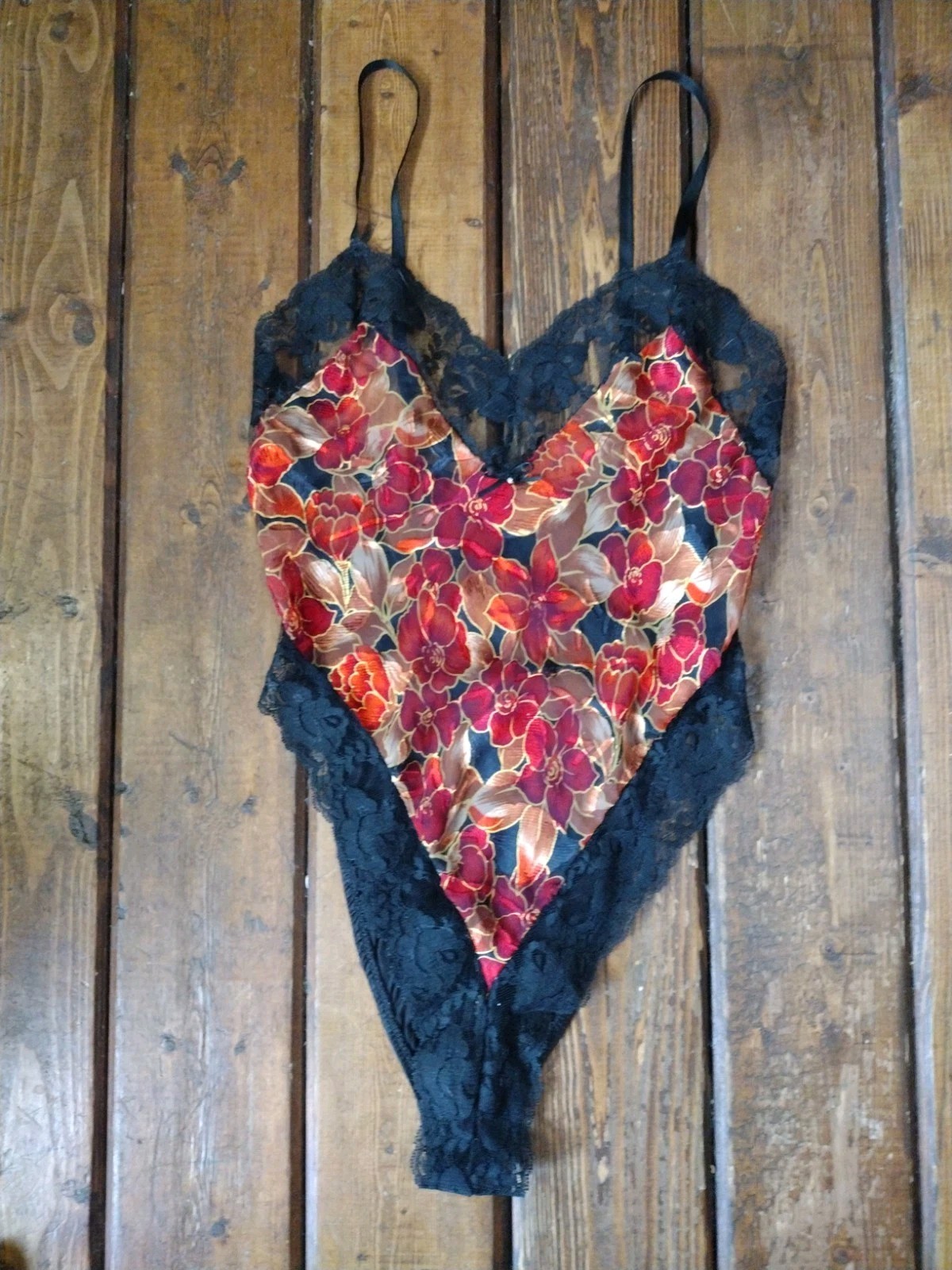 Shirley of Hollywood Vintage S/M Black & Red Floral Teddy/One-Piece Lingerie