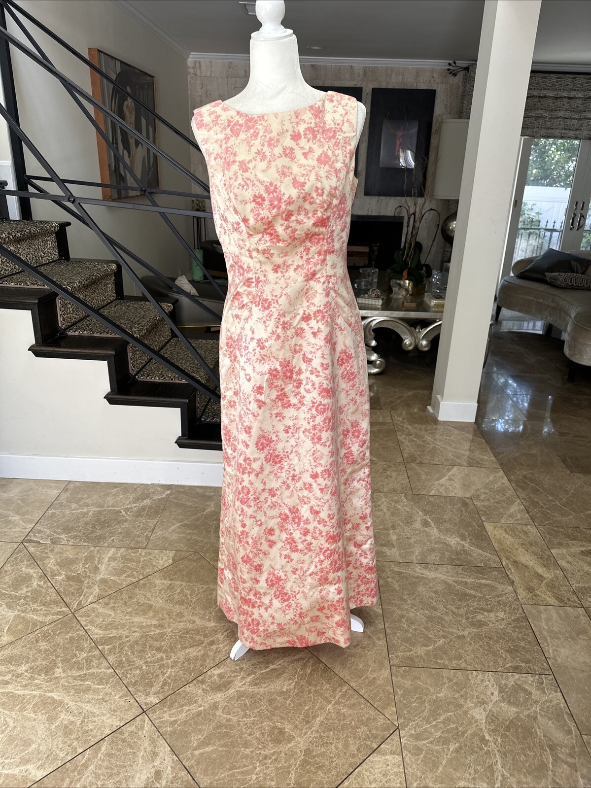 Vintage 60s Cream Satin & Pink Velvet Flocking Evening Gown With Jacket Size 6