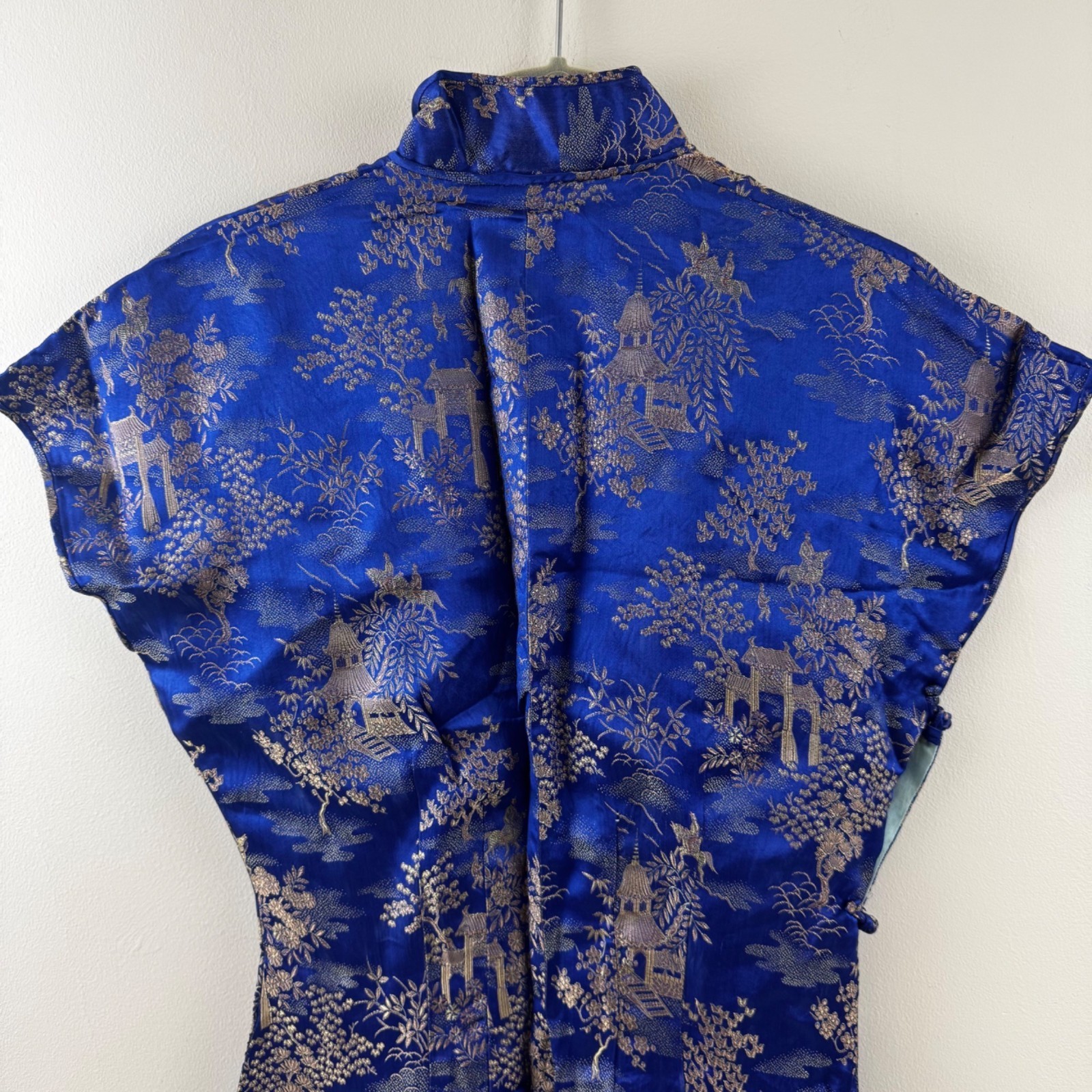 Vintage Blue & Gold Asian Brocade Cheongsam Dress With High Collar & Side Button