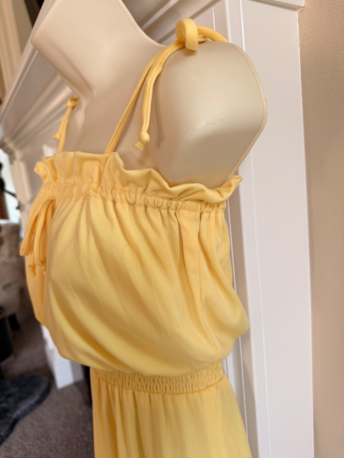 Vintage 70s Pale Yellow Floral Off Shoulder Draped Ruffle Summer Maxi Dress SM
