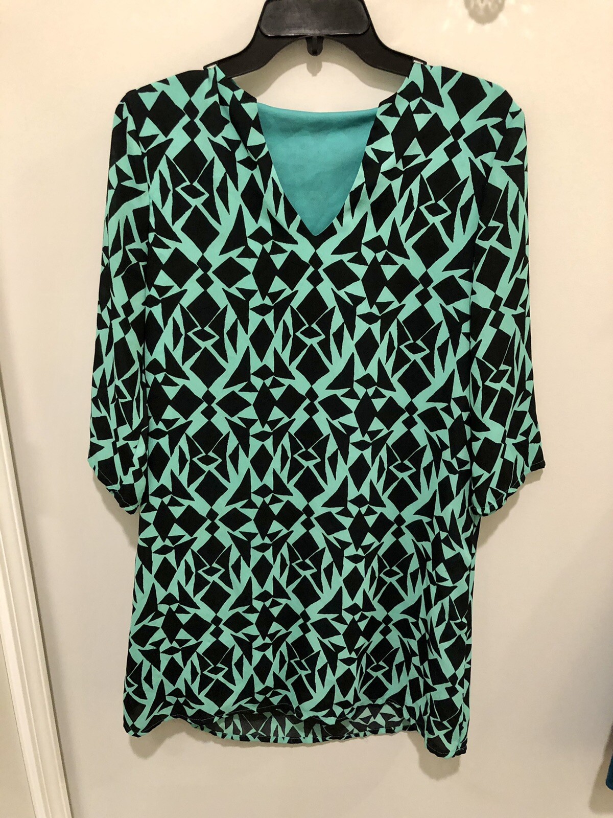 Alyce Funky 1980’s Geometric Print Dress Seafoam Green N Black Sz M 20.5×34