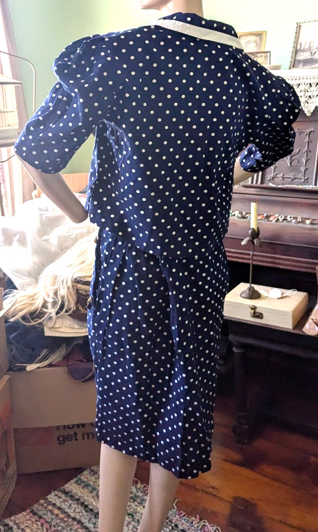 CHOON California Vtg 80s Polka Dot suit skirt short jacket Navy White sz16 EUC