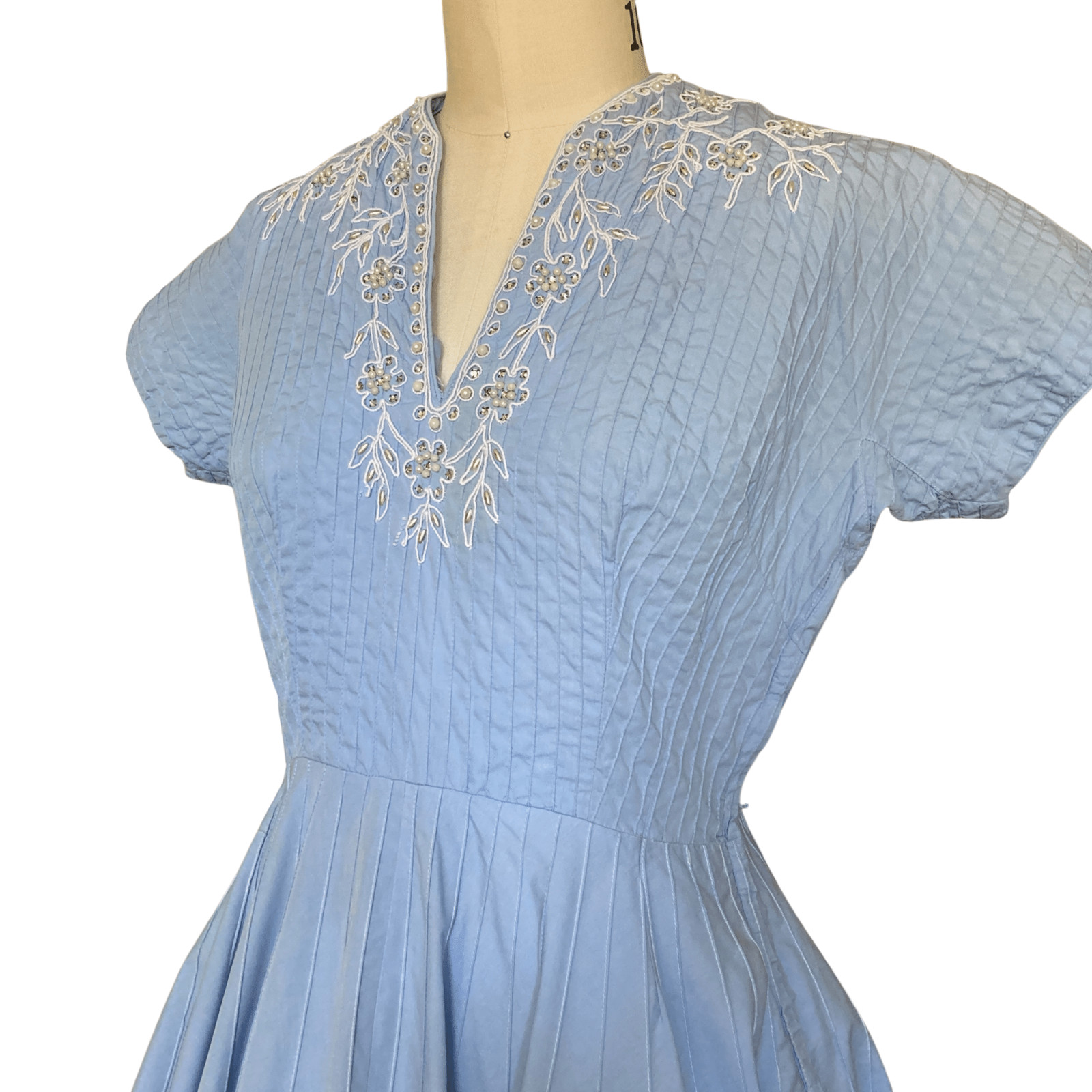 Vintage 1950s Light Blue Pearl & Rhinestone Party Dress | 1950s Cocktail Dress