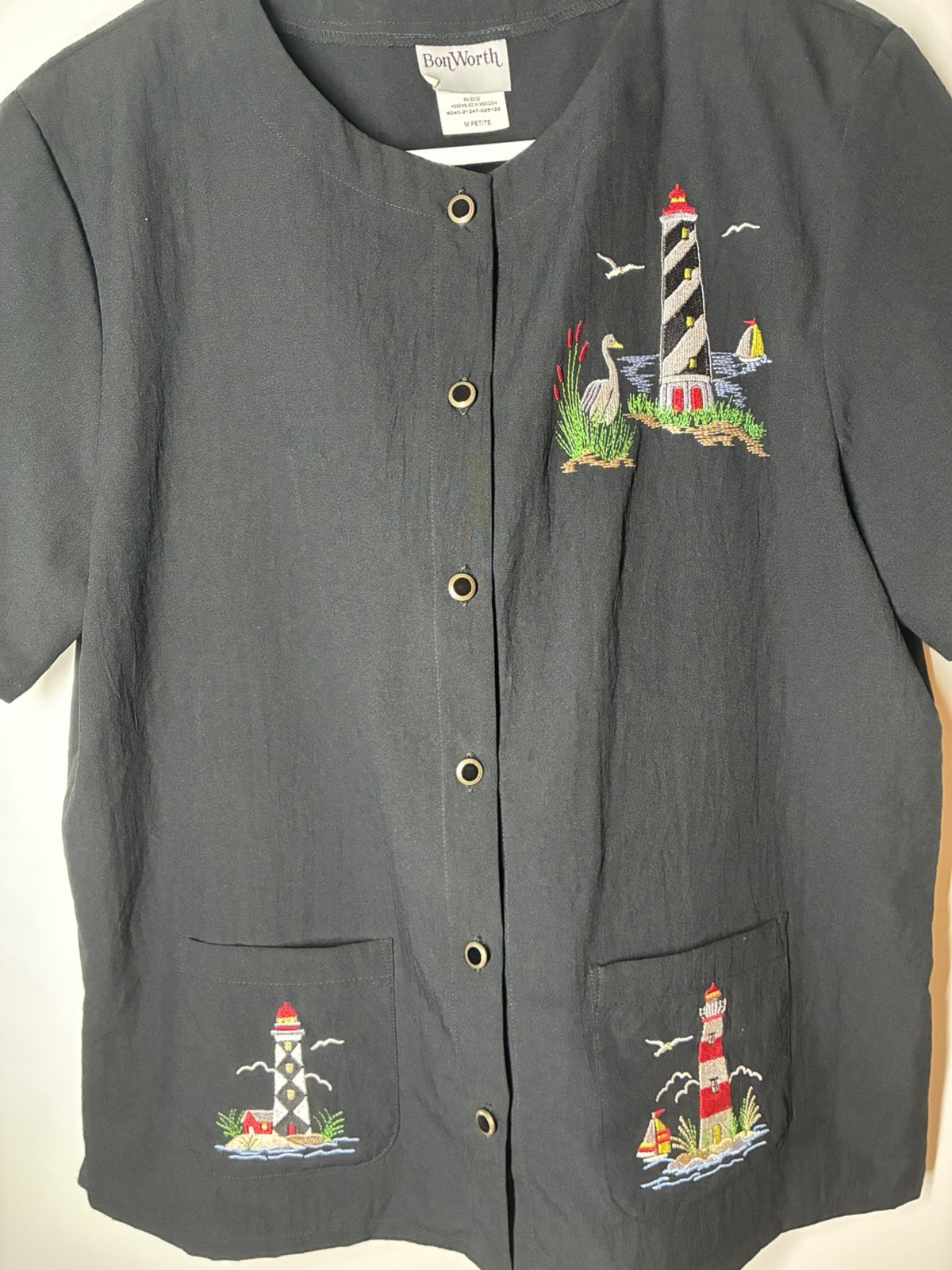 vtg Bon Worth black short-sleeve button-up lighthouse embroidery Lightweight Mp