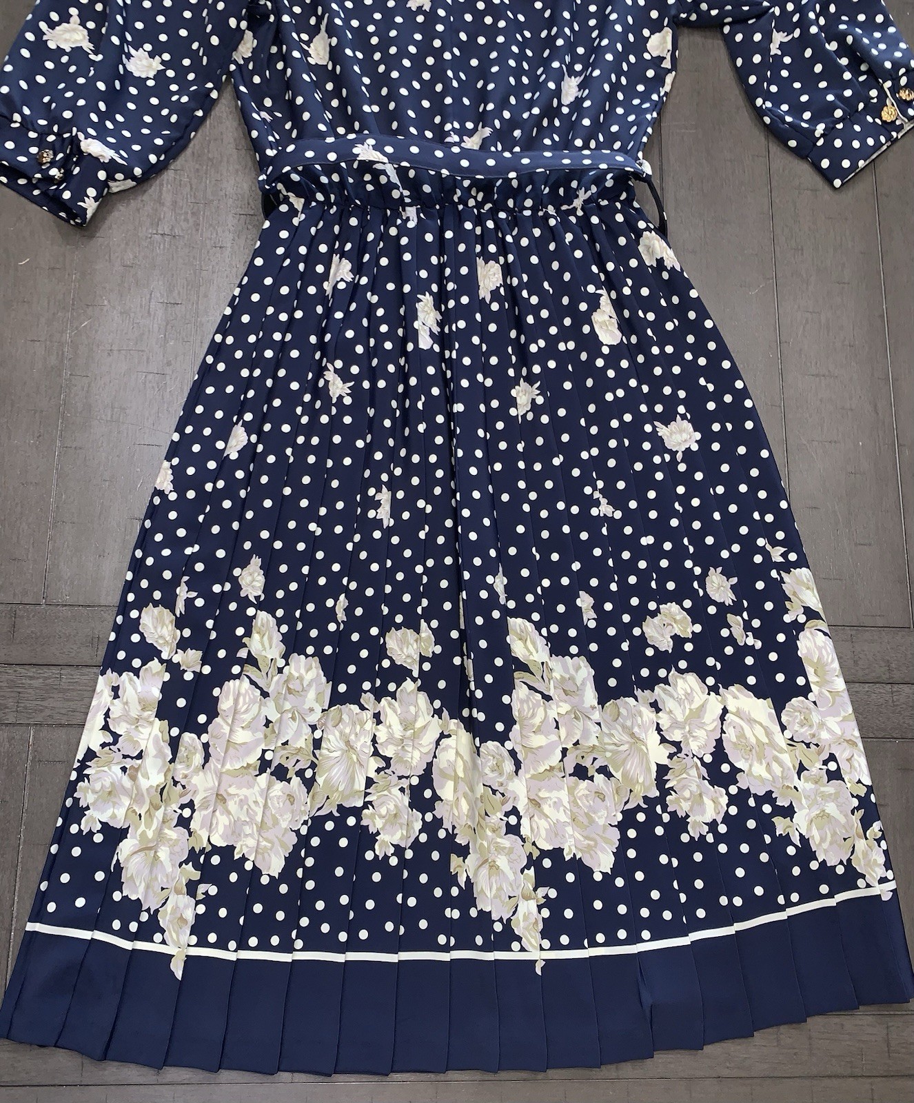 B7 80s SZ 12 BRELI ORIGINALS SILKY BELTED DRESS NAVY FLORAL PAD SHOULDER PLEATED