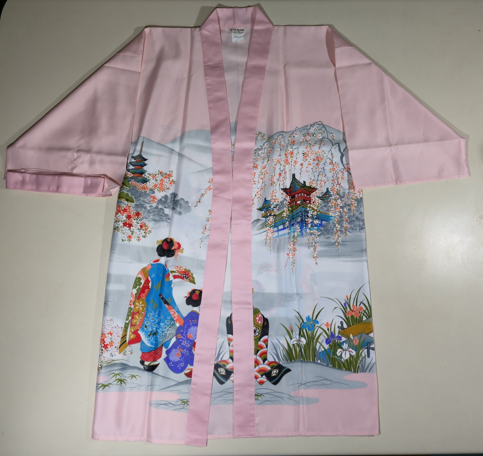Vintage Ichiban Japan Kimono Robe Geisha Cherry Blossom Light Pink One Size NOS