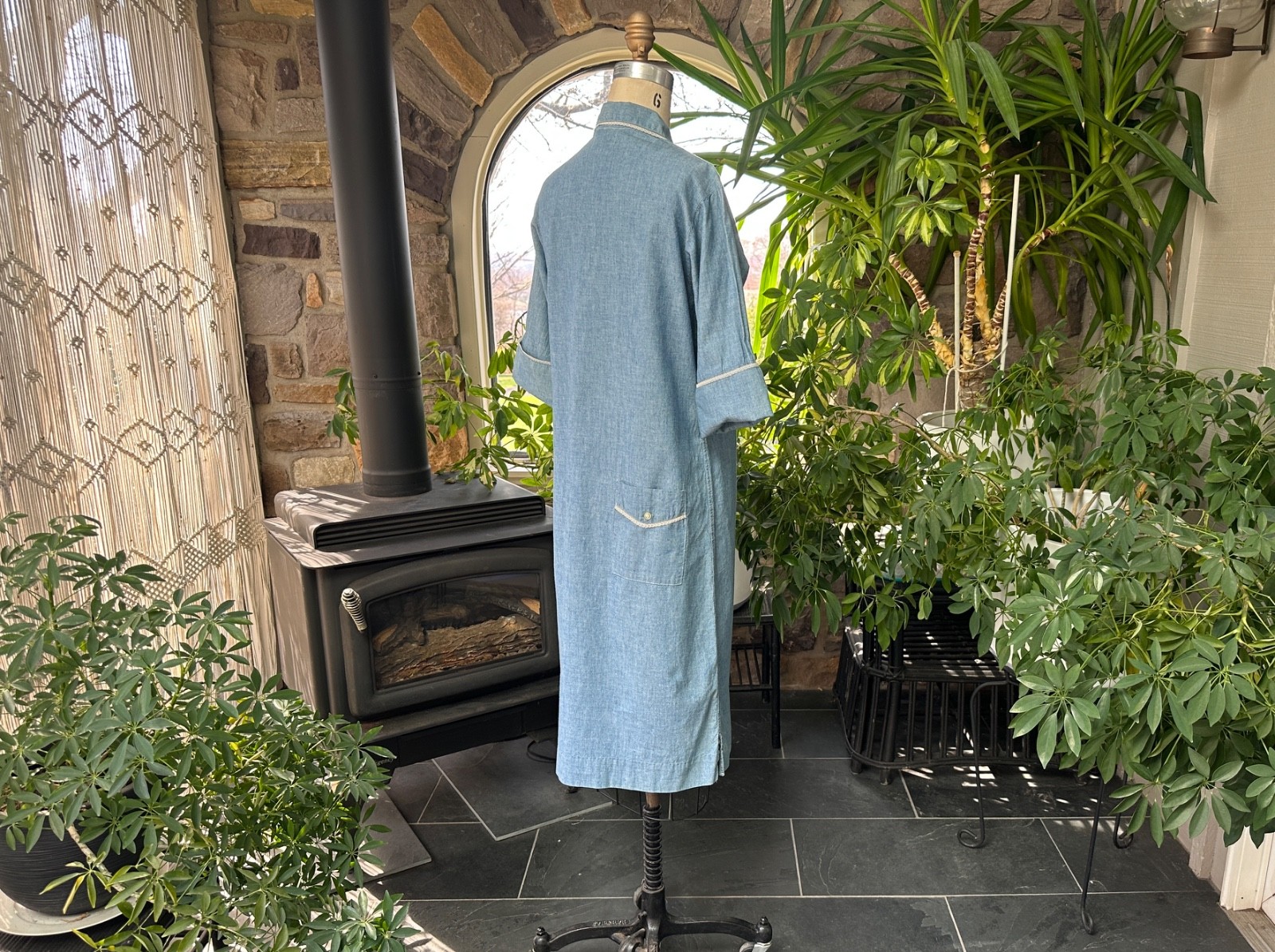 Vintage 1960s Blue Chambray White Lace Trim Shirtdress Langtry Ltd