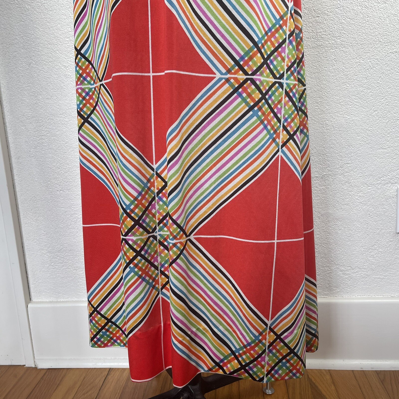 Vintage l 70s S Claire Larabee Colorful Rainbow Plaid Striped Halter Maxi Dress