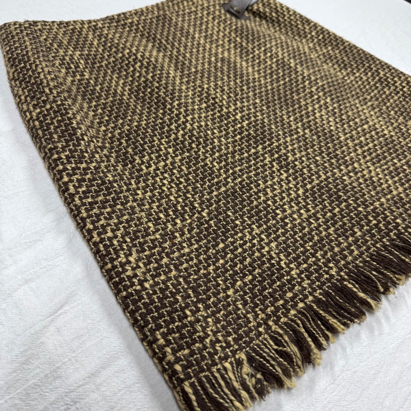 British Khaki Wool Blend Fringe Wrap Skirt Size 4 Brown Tweed Vintage Heritage
