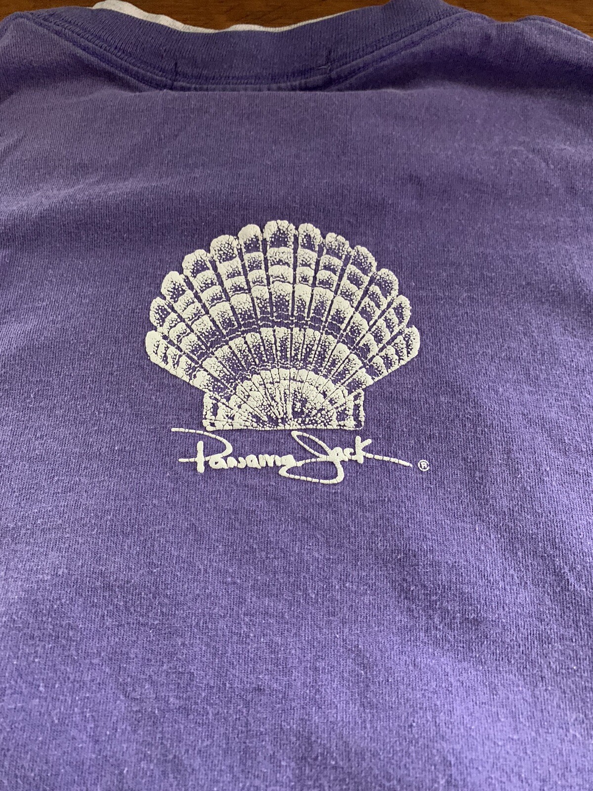 Vtg 90s Panama Jack Granny TShirt L ? Purple Shells Glittery Distressed Sea