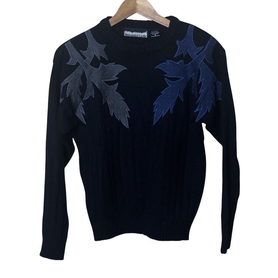 Bramble Lane Vintage Black Embroidered Leaf Knit Sweater Womens Medium Blue Grey