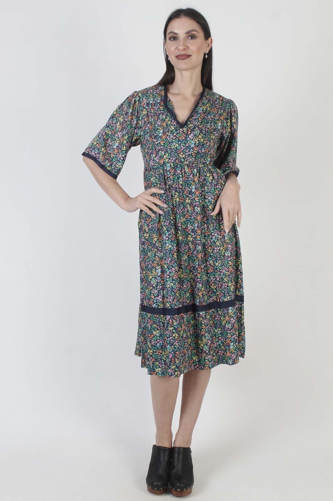Vtg Calico Floral Sundress Knee Length Prairie Peasant Festival Boho Midi Dress