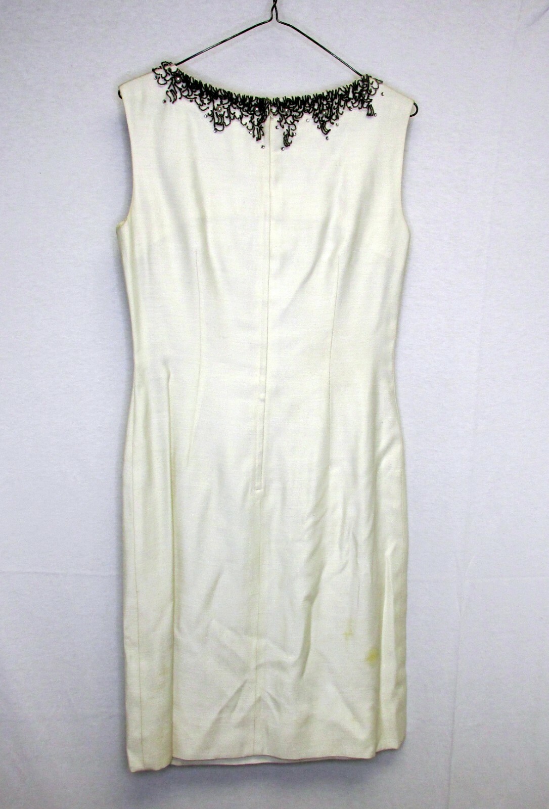 Vintage 60s R&K Originals Cream Shantung Gray Beaded Sheath Dress Holiday 34″