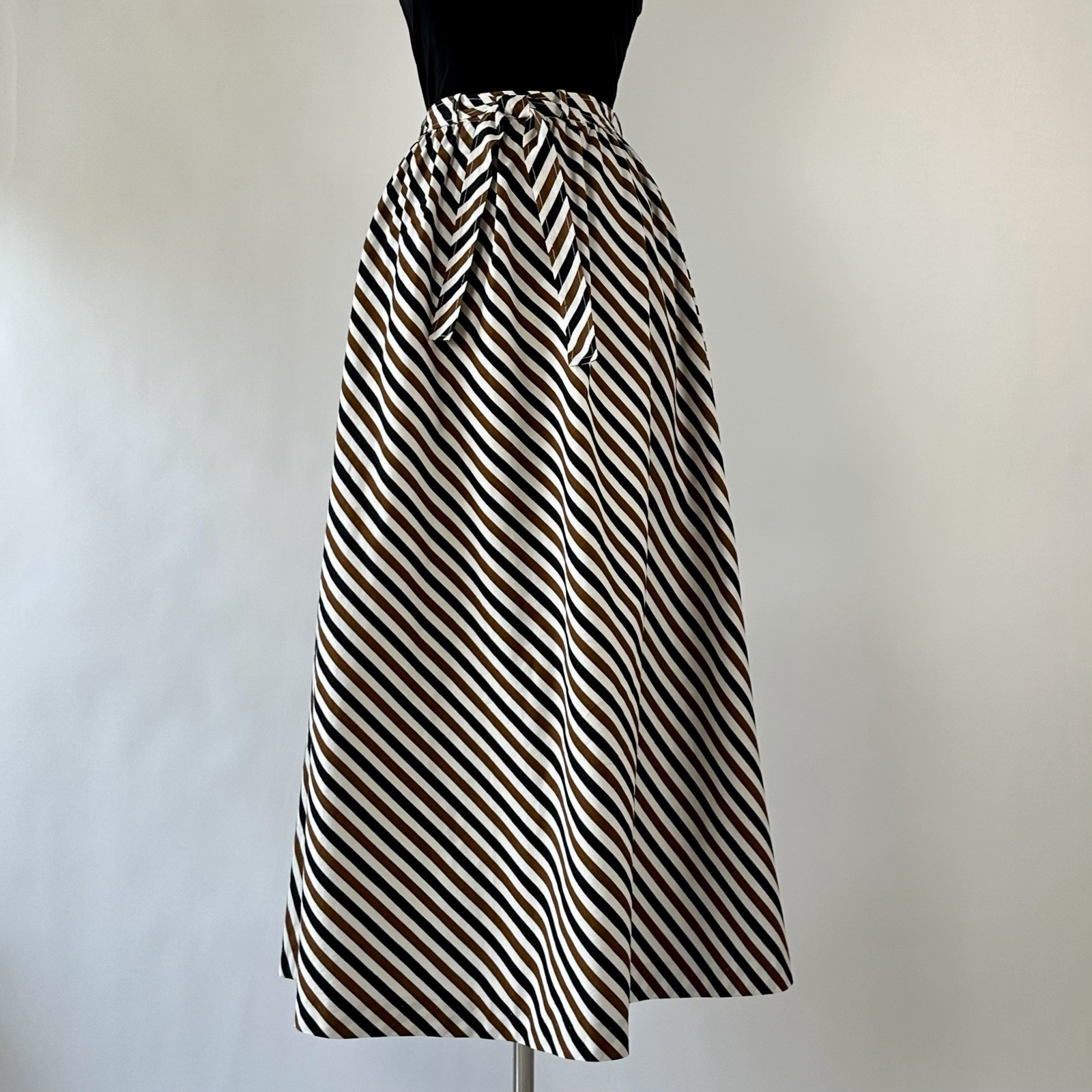 Vintage Vuokko Cotton Black & Brown Striped Maxi Skirt with Self Belt M 30 Waist