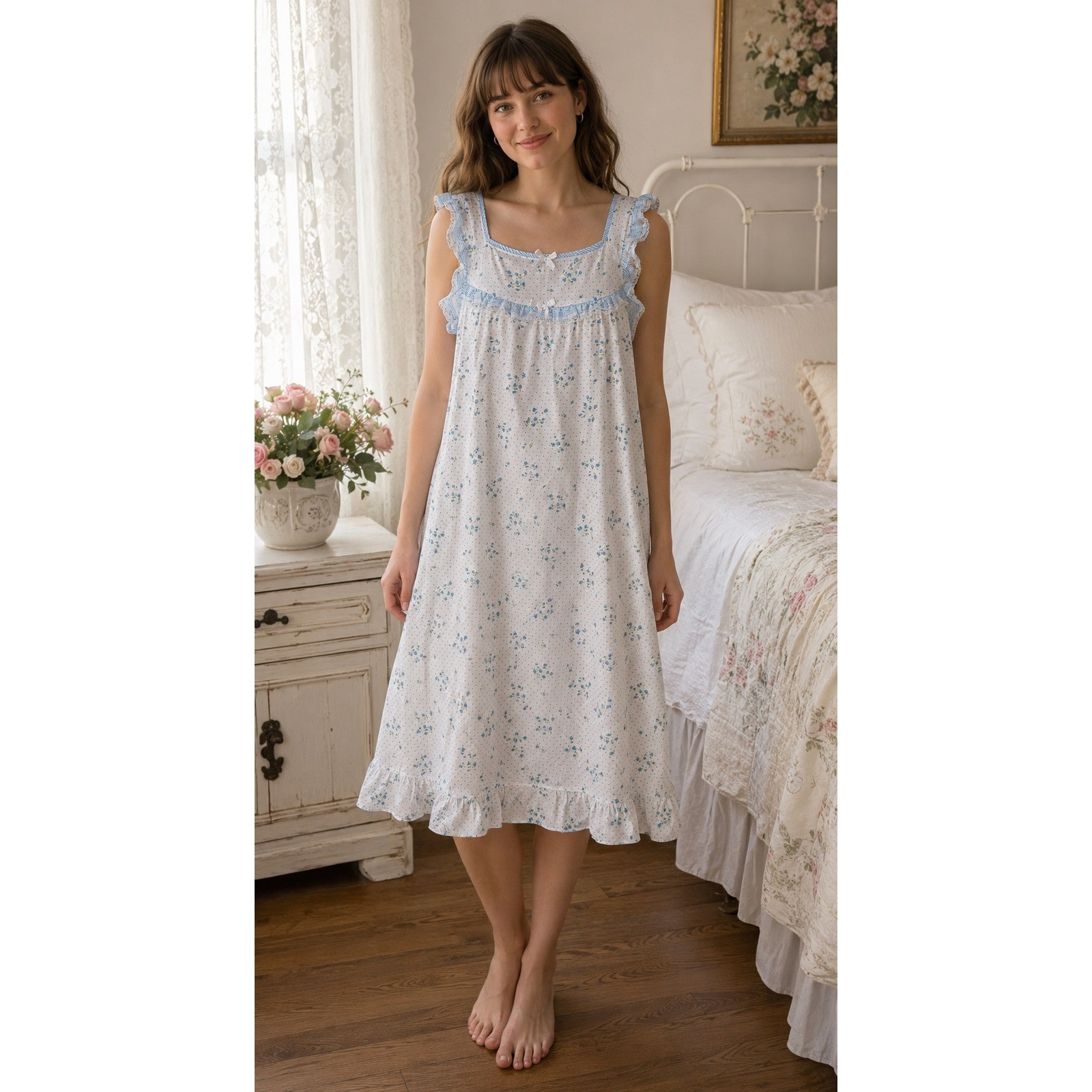 Greencraft Vintage Nightgown Floral Cottagecore Coquette White Blue Cotton Large