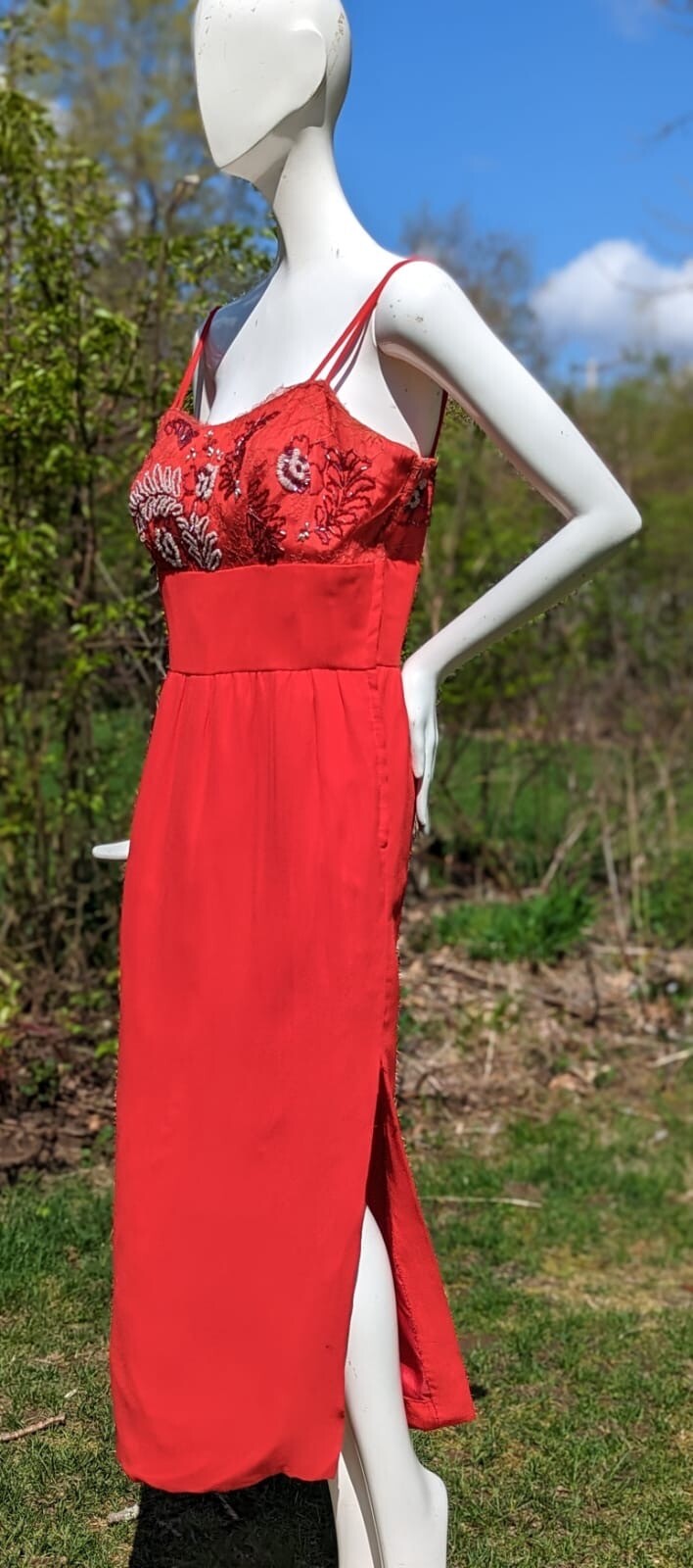 VINTAGE 1940’S LIPSTICK RED BEADED CREPE LONG DRESS 
