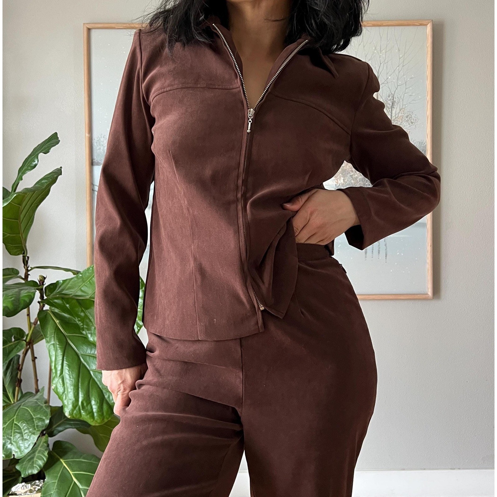 Vintage Brown Faux suede Set 90s Matching Jacket Pants Minimalist Y2K Petite