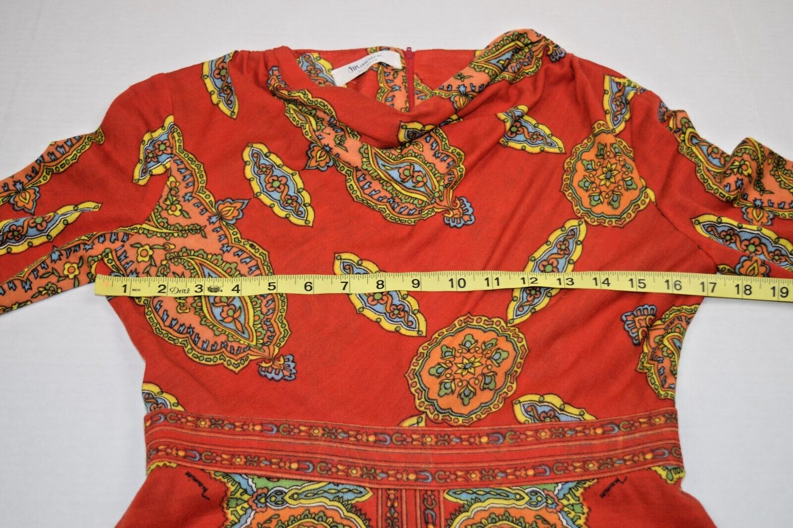 Vintage Maxi Dress Maurice Siz S/M 60s Rusty Orange Kaleidoscopic Print Back Zip