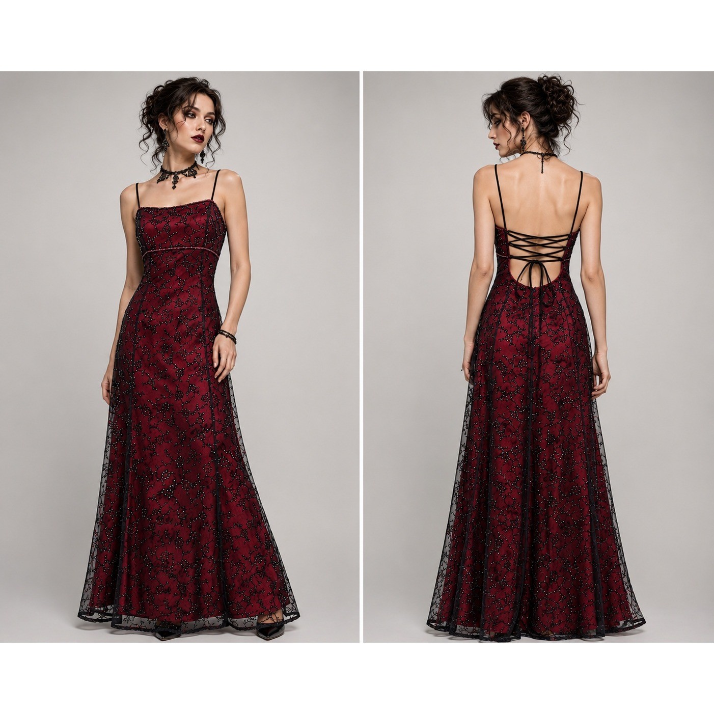 VTG 90s Y2K Blondie Nites Maxi Dress 7/8 Burgundy Black Beaded Lace Up Goth Glam