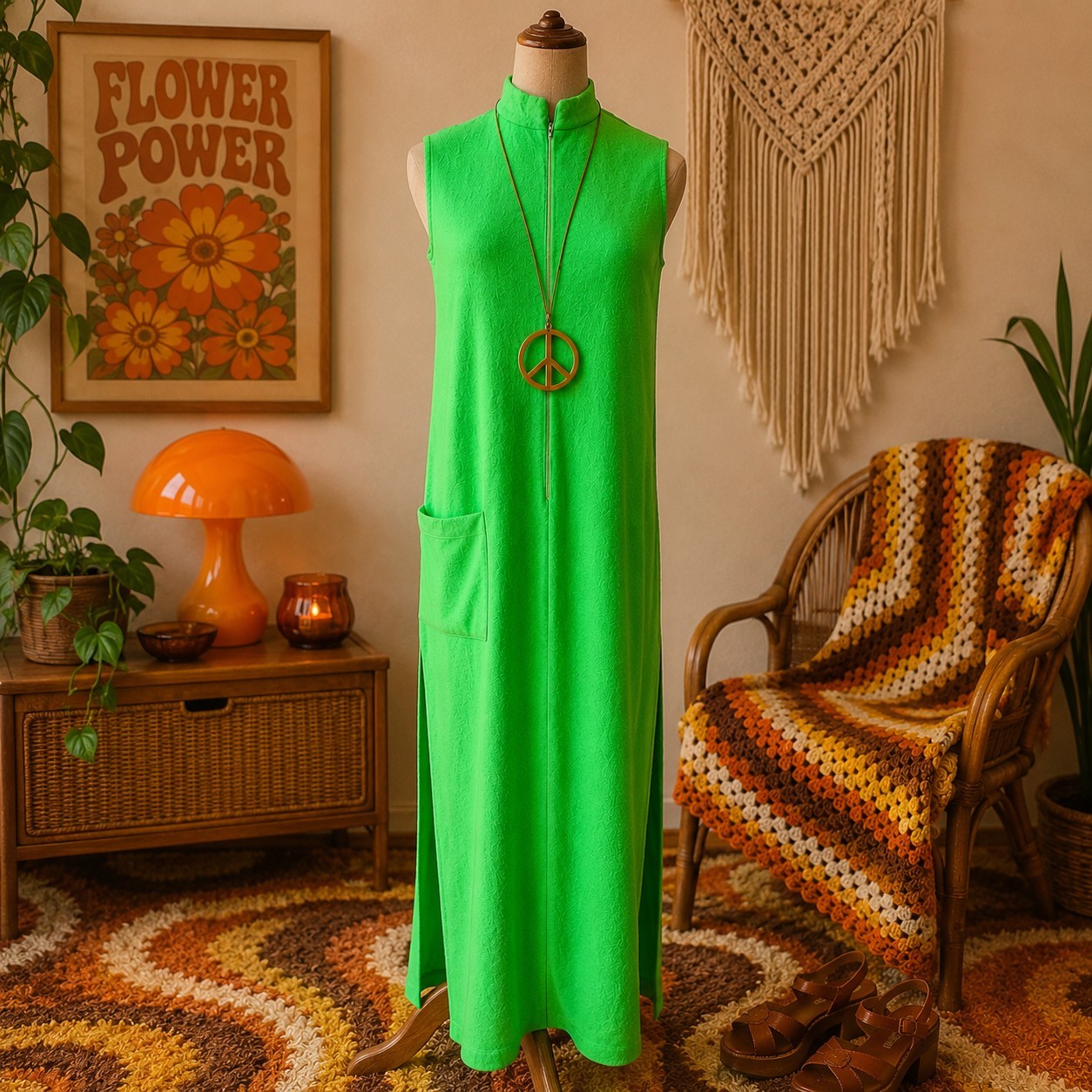 Vintage Catalina Dress Medium Neon Green Maxi Terry Towelling Cloth USA 70s