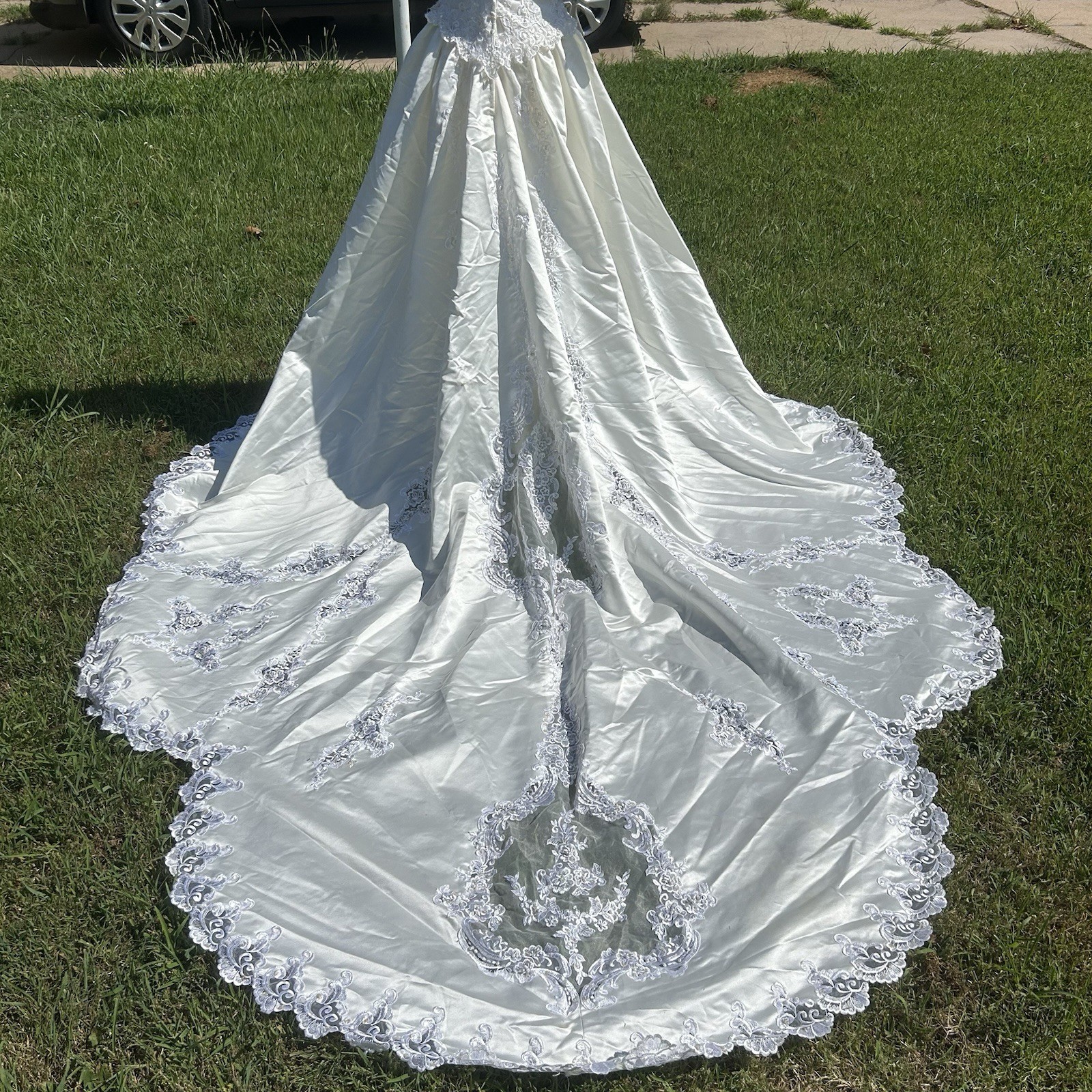 Vtg 80s Ivory Satin Beaded Bride Wedding Dress Short Sleeve Long Train Size 14