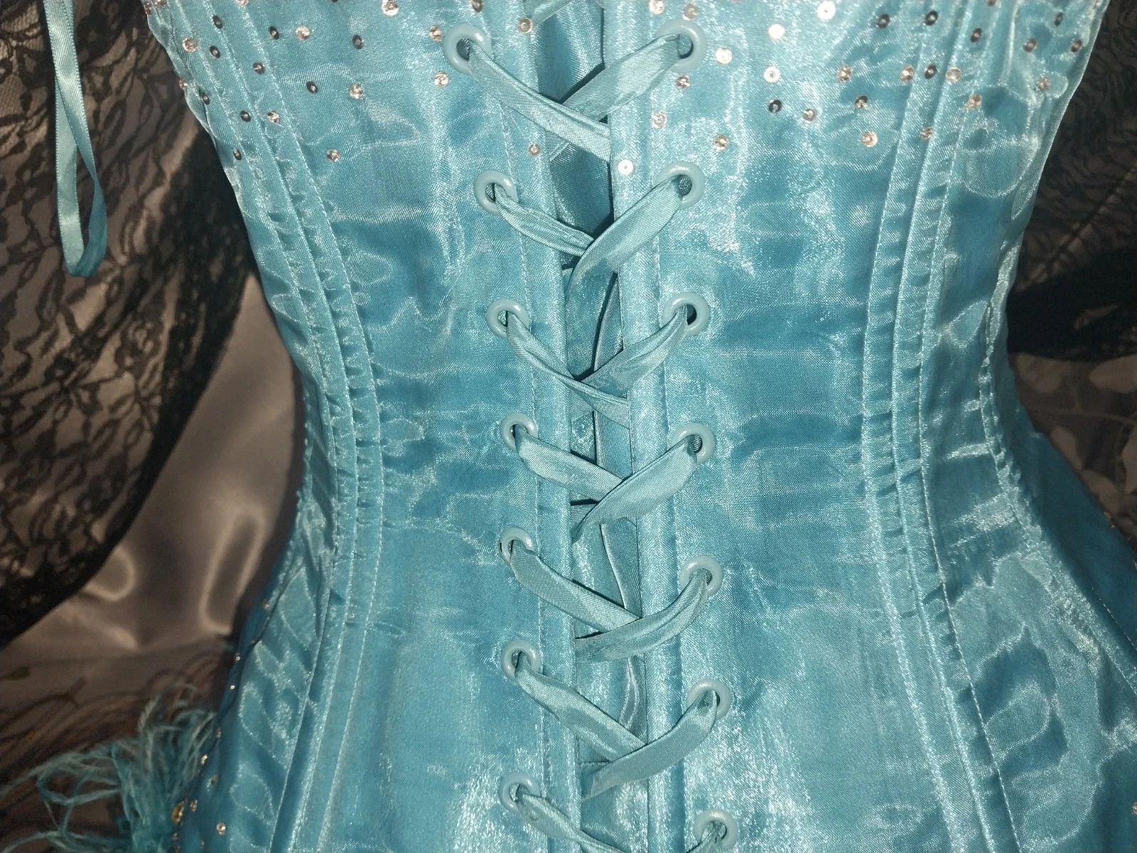 VTG Satin Burlesque Corset SHOW GIRL Skirt Set Drag AVANT La Cage Blue Dress