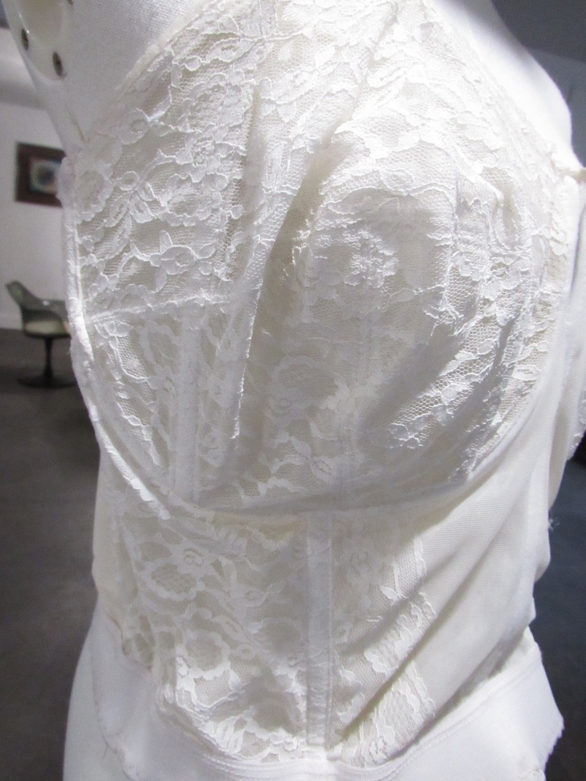 40s 50s vtg Goddess Bustier Longline dress Bra top 42DD White LACE goth lolita L