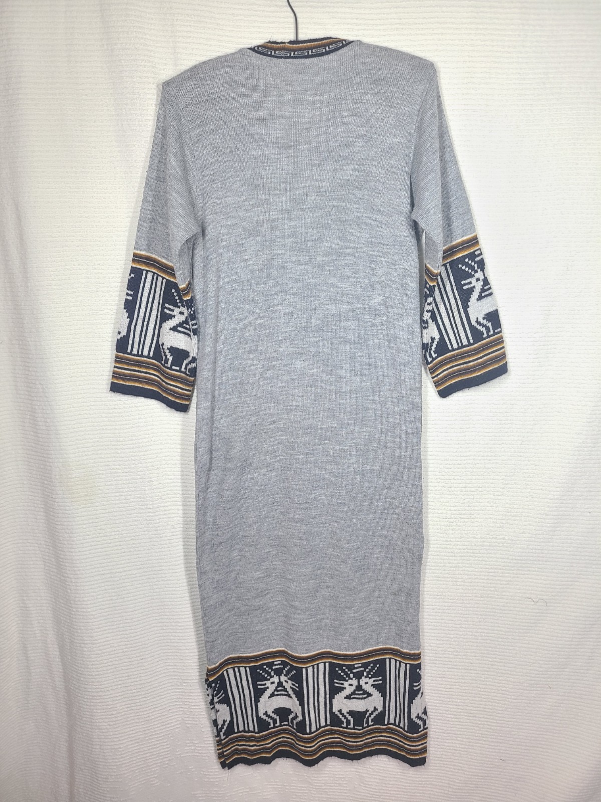 Vtg 70s Long Cardigan Sweater M Gray Knit Two Head Alpaca Intarsia Border Retro