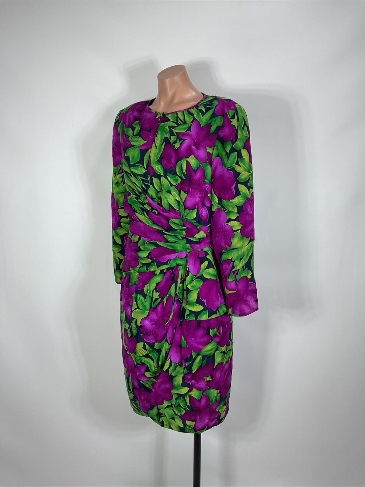 80s VTG AJ Bari Evening Dress Bright Floral Faux Wrap Ruched Puffy Sleeve 12