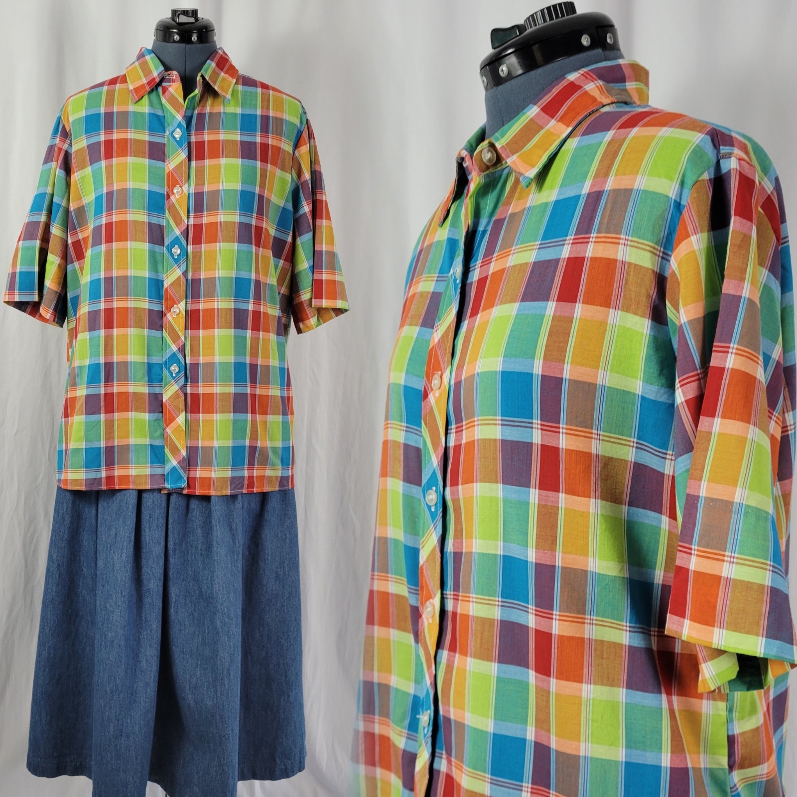 Vintage Miss Fashionality Multicolored Plaid S/S Button Down Top Size 17-18
