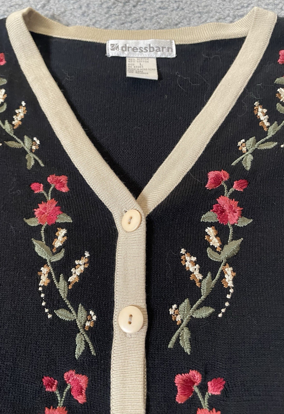Vtg 70s Dressbarn Button Up Cardigan Sz L Black Red Floral Embroidery Hong Kong