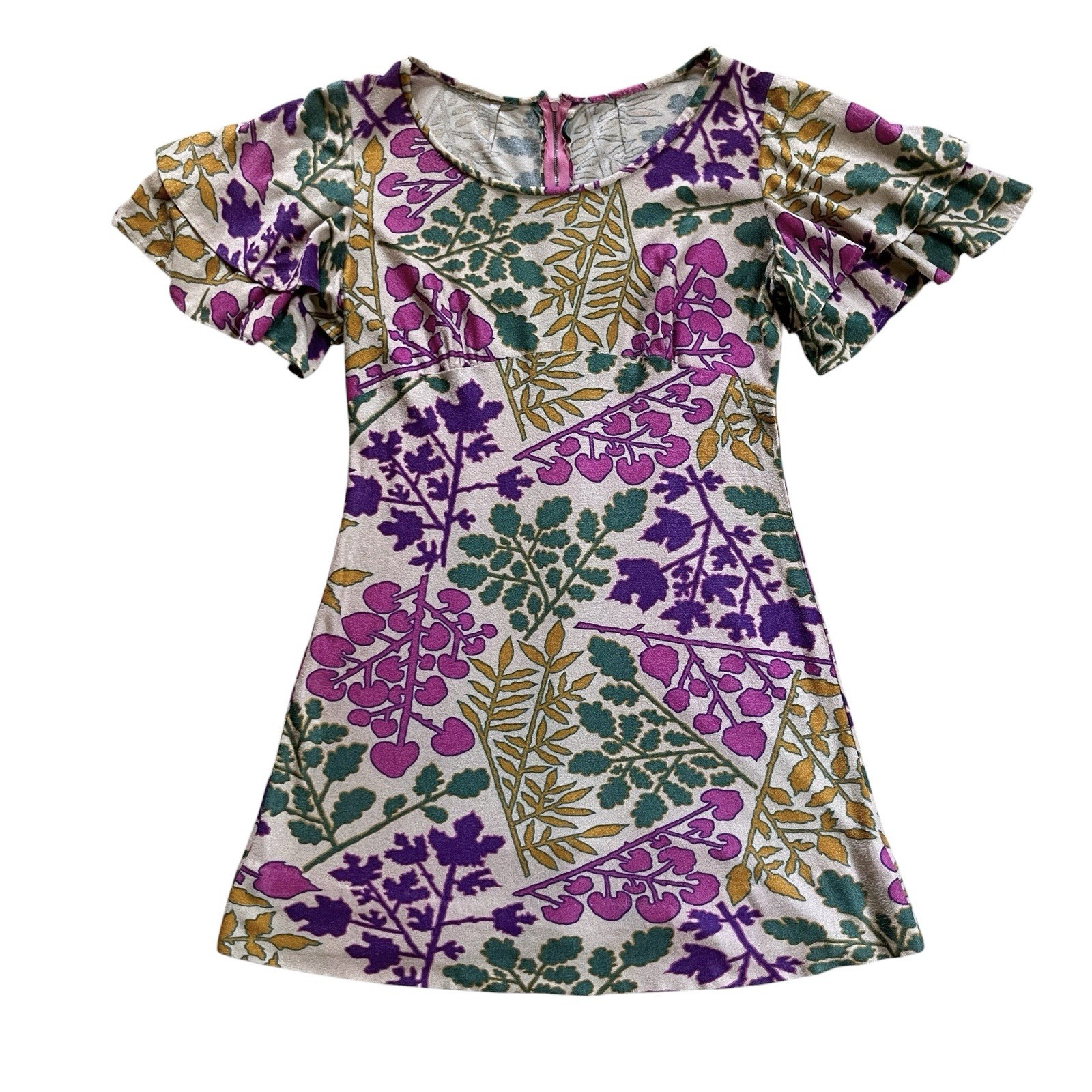 60s 70s Vintage Handmade Floral Boho Mini Dress with Ruffle Sleeves