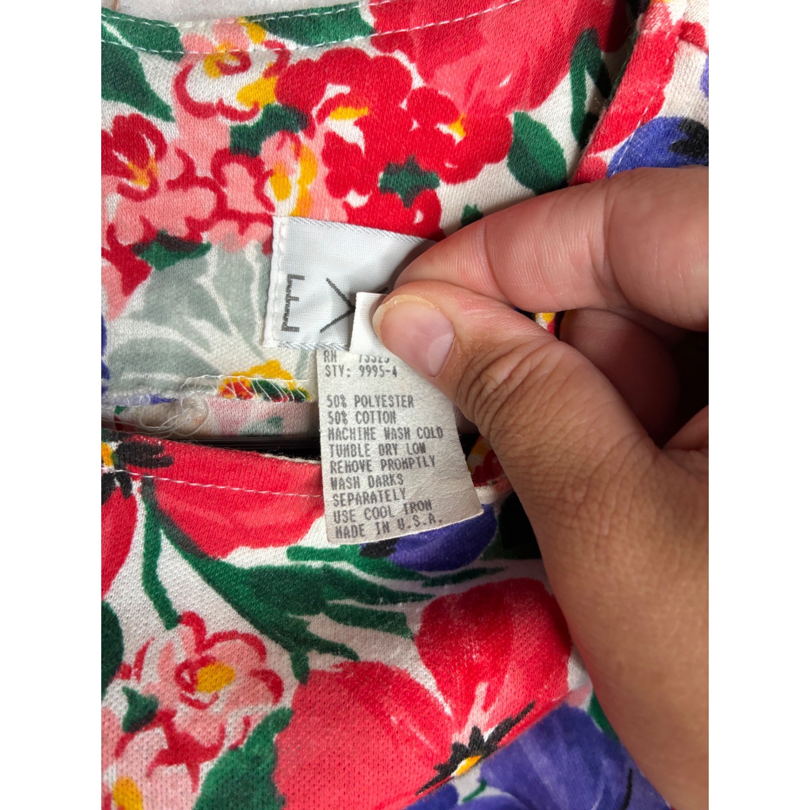 Vintage Expo Floral Ruching Midi Dress Multi Color Pansy Puff Sleeve USA Made 12