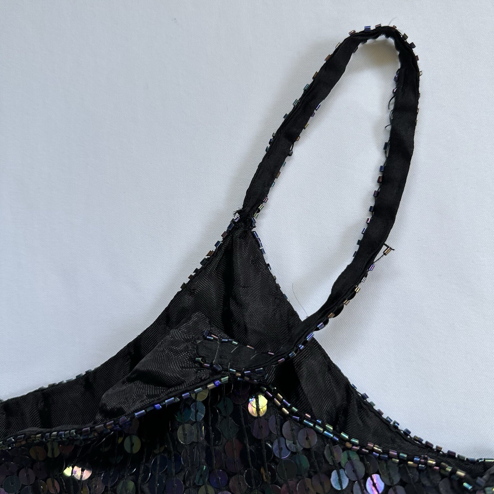 VTG 100% Silk Sequins Beaded Spaghetti Black Strap Top Spell Bound Size Medium