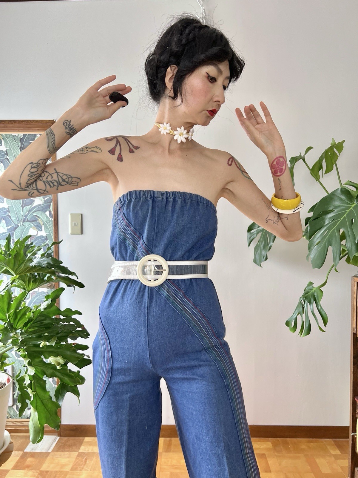 1970s Happy Legs Rainbow Chain Stitch Strapless Denim Jumpsuit Wide Leg XS/S