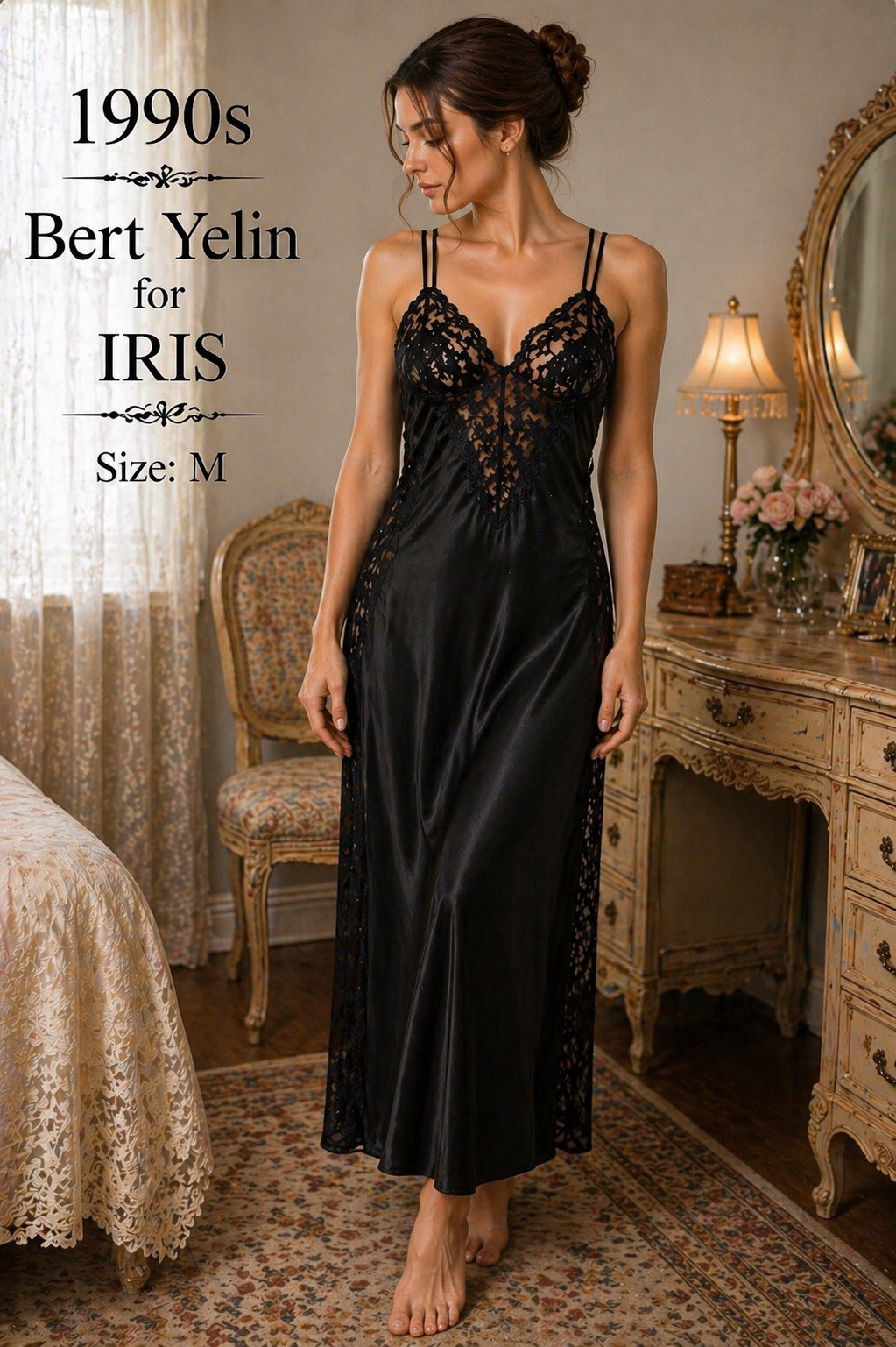 90s Black Satin Slip Dress Lace Bert Yelin IRIS Vintage Minimalist Gown M