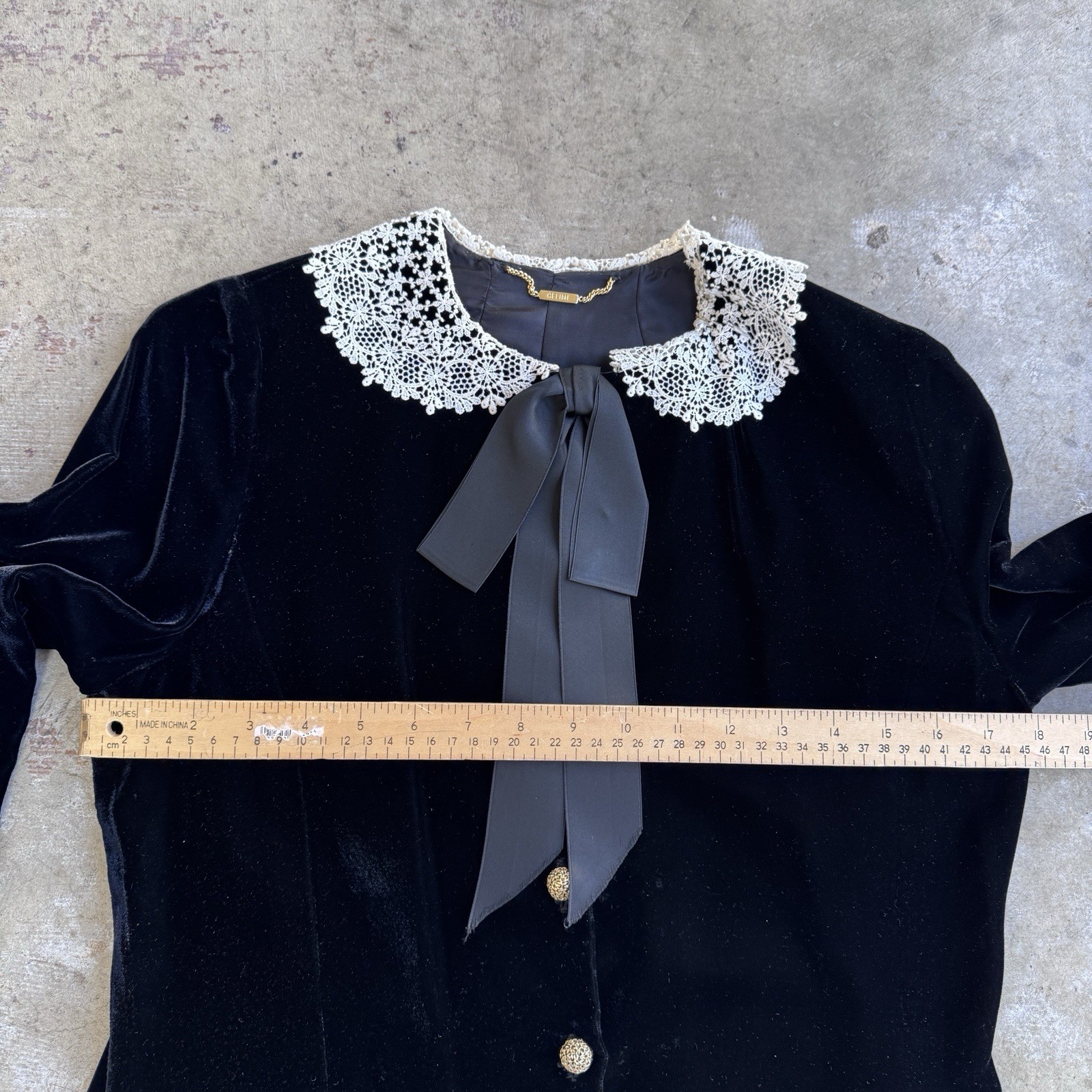 Vtg 80s Celine Velvet Blouse Lace Peter Pan Collar Jacket Tie Ribbon Silk Paris